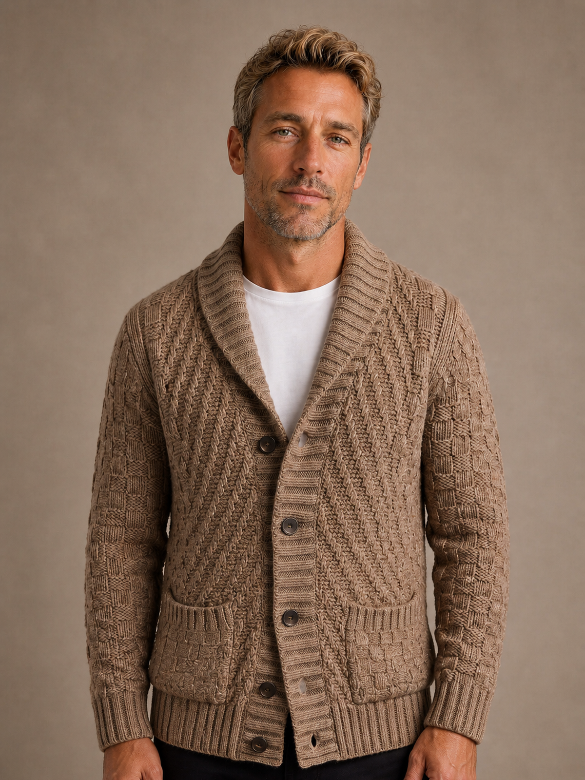 Men's Cable Knit Cardigan Shawl Collar - Brown, AI front