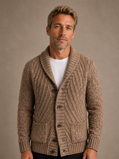 Men's Cable Knit Cardigan Shawl Collar - Brown, AI front