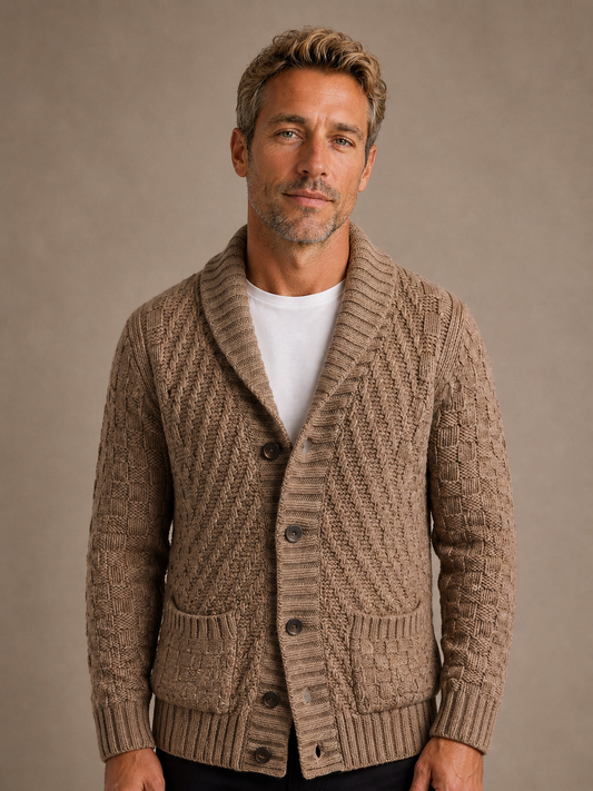 Men's Cable Knit Cardigan Shawl Collar - Brown, AI front