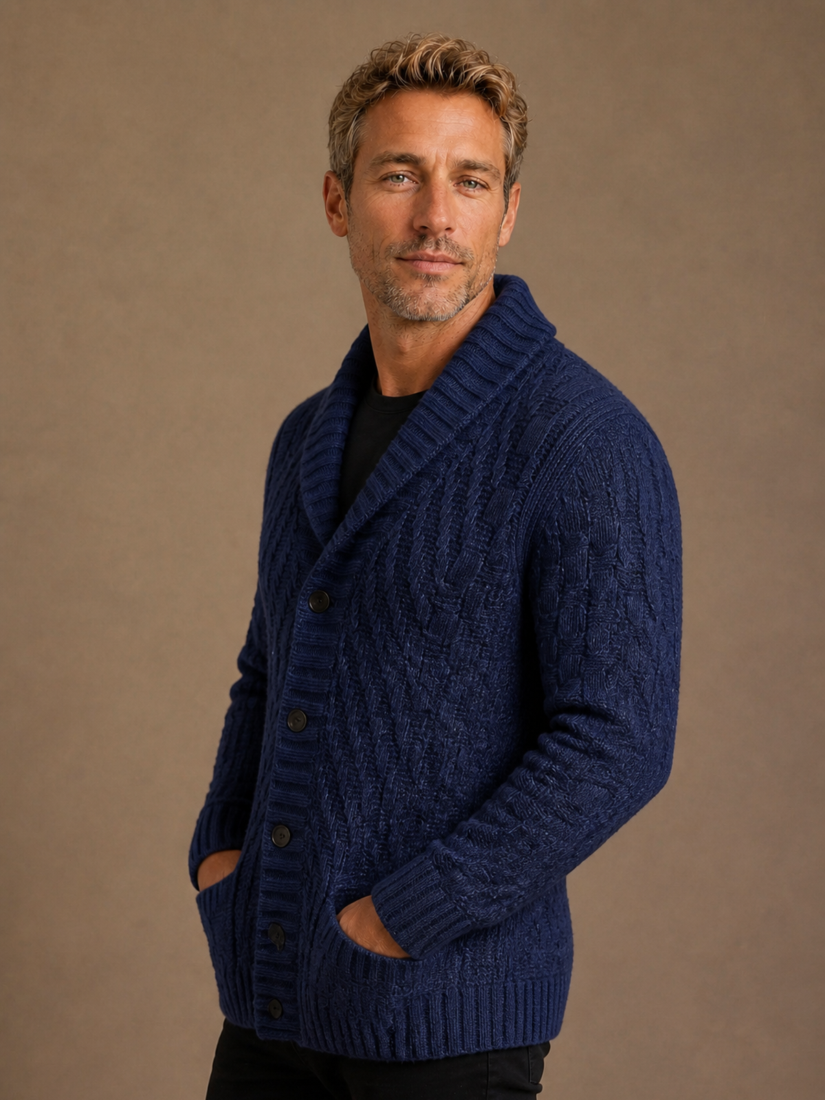 Men's Cable Knit Cardigan Shawl Collar - Navy, AI side