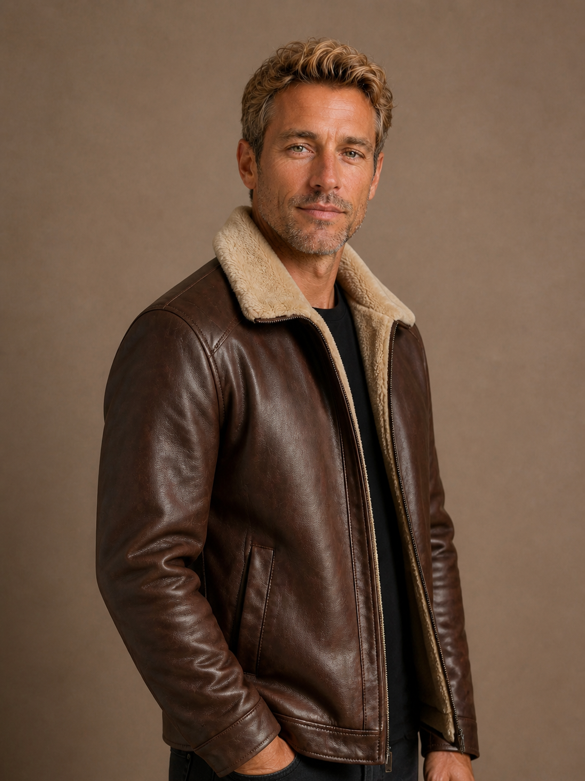Brown leather jacket side view