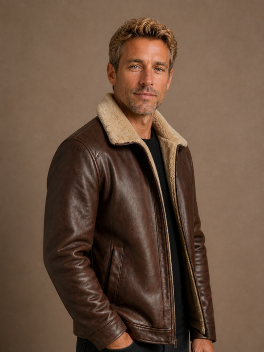 Brown leather jacket side view