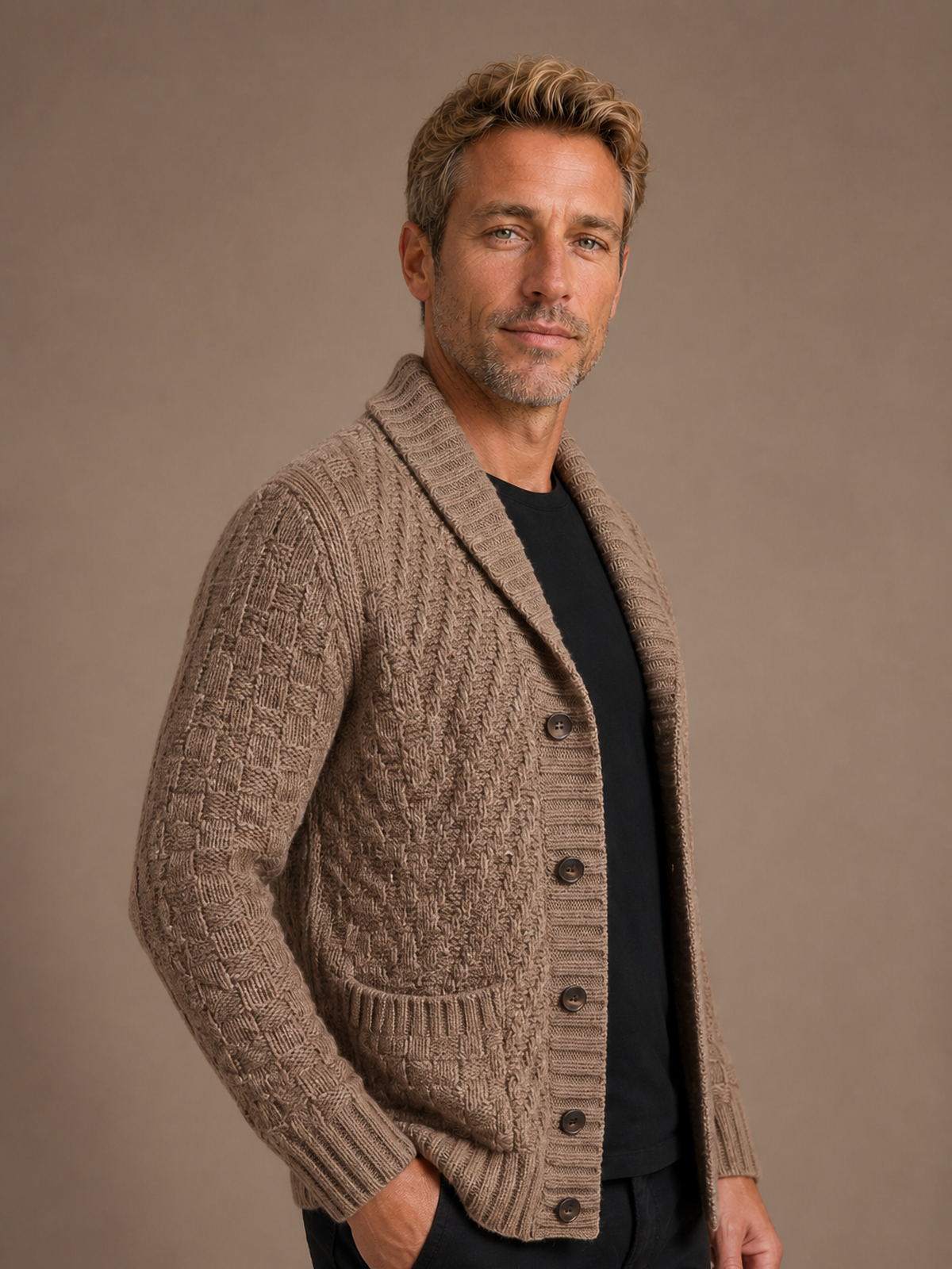Men's Cable Knit Cardigan Shawl Collar - Brown, AI side