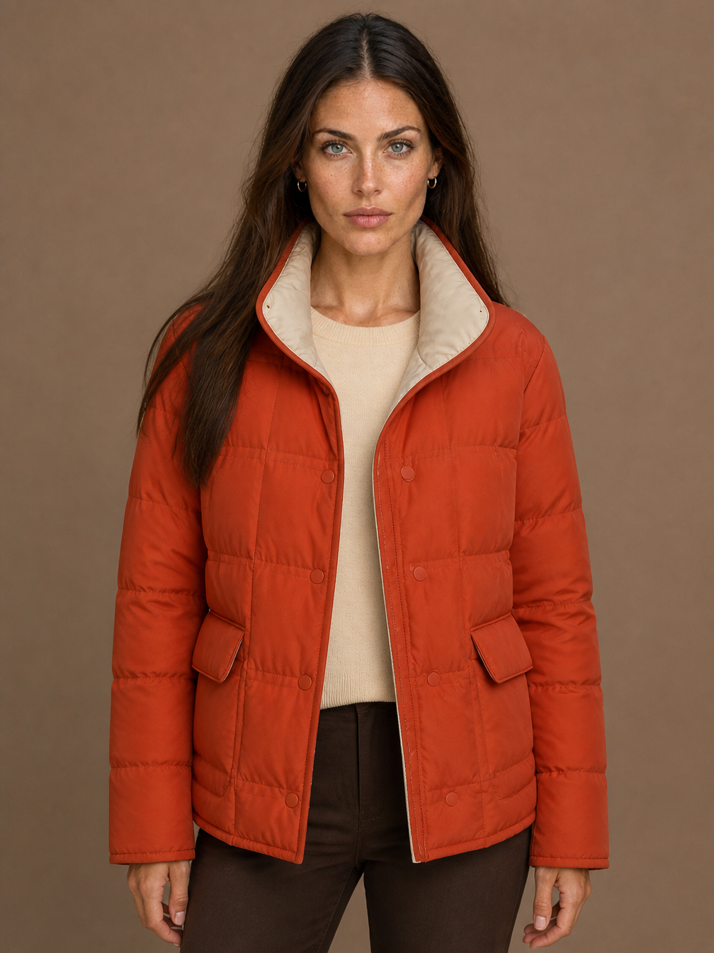 Women's Reversible Quilted Duck Down Jacket with Snap Buttons - Fire Orange