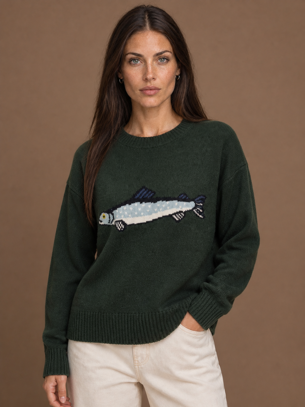 Women's Fish Motif Crew Neck Knit Sweater, Relaxed Oversized Fit, Wool Blend - Forest