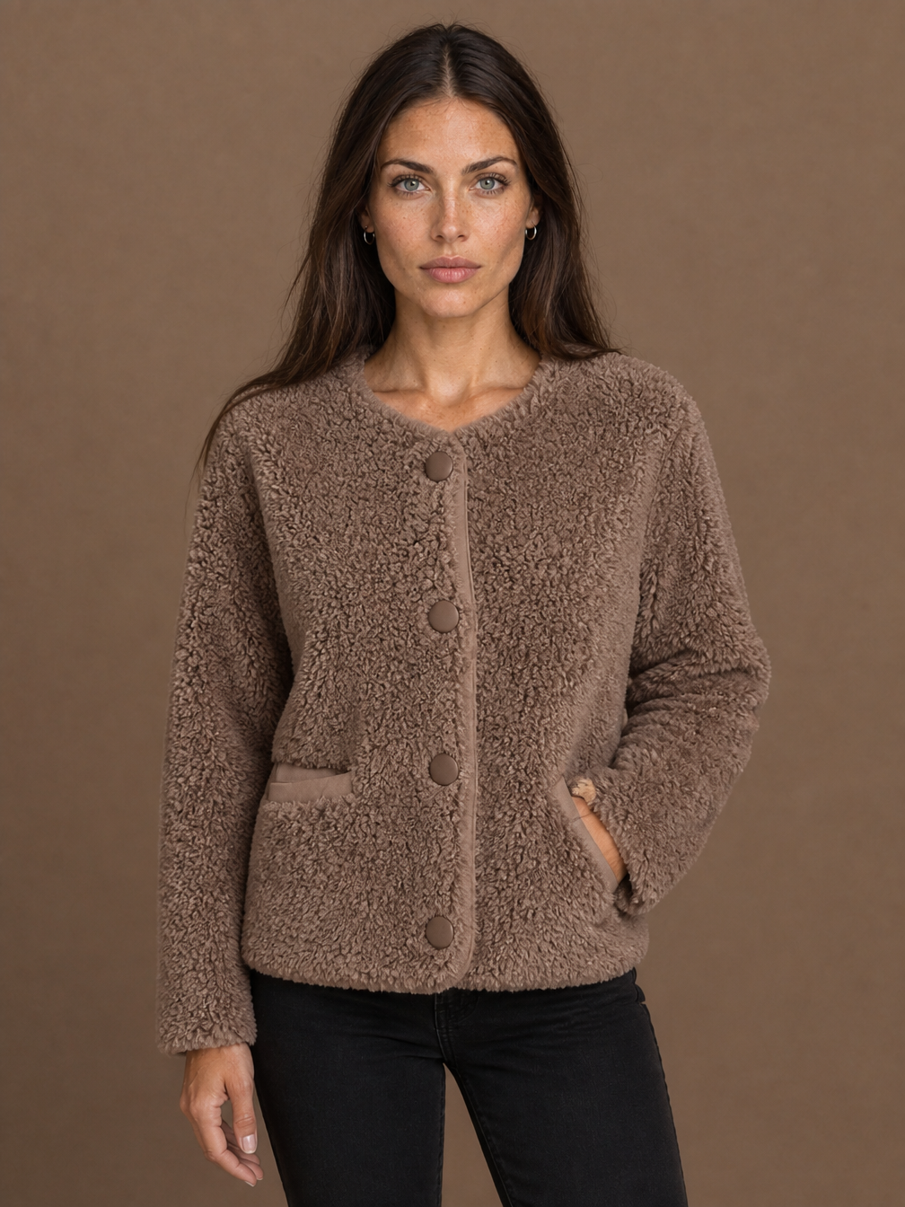 Women's Faux Shearling Winter Coat with Button Front and Pockets - Fur
