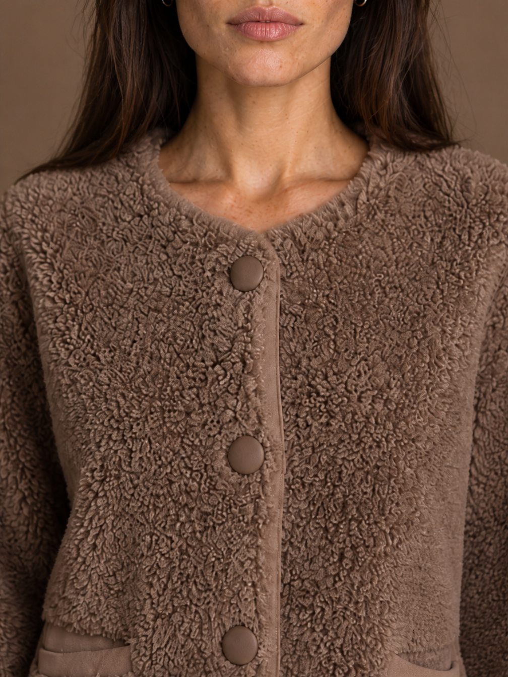 Women's Faux Shearling Winter Coat with Button Front and Pockets - Fur - Detail Close-Up [AI-OPT:9f95fef9-972c-4828-8845-ace0b35eccf0]