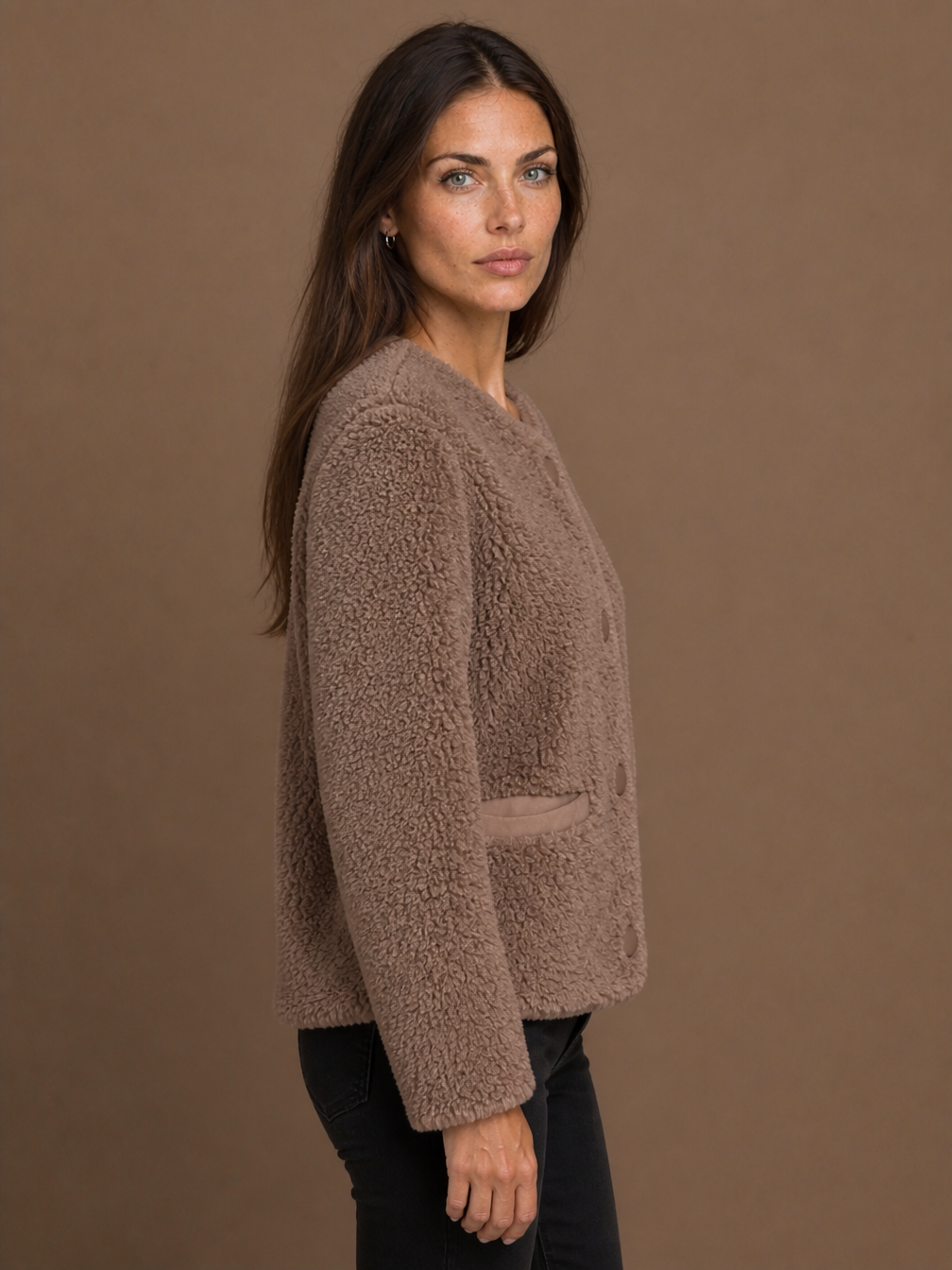 Women's Faux Shearling Winter Coat with Button Front and Pockets - Fur - Side View [AI-OPT:e23b8771-b651-4515-b2d4-7278e23bdfee]