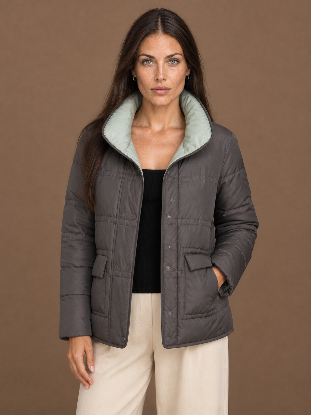 Women's Reversible Quilted Duck Down Jacket with Snap Buttons - Gray