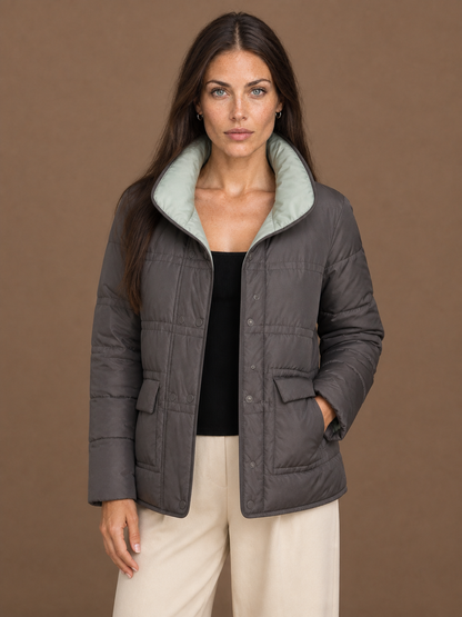Women's Reversible Quilted Duck Down Jacket with Snap Buttons - Gray