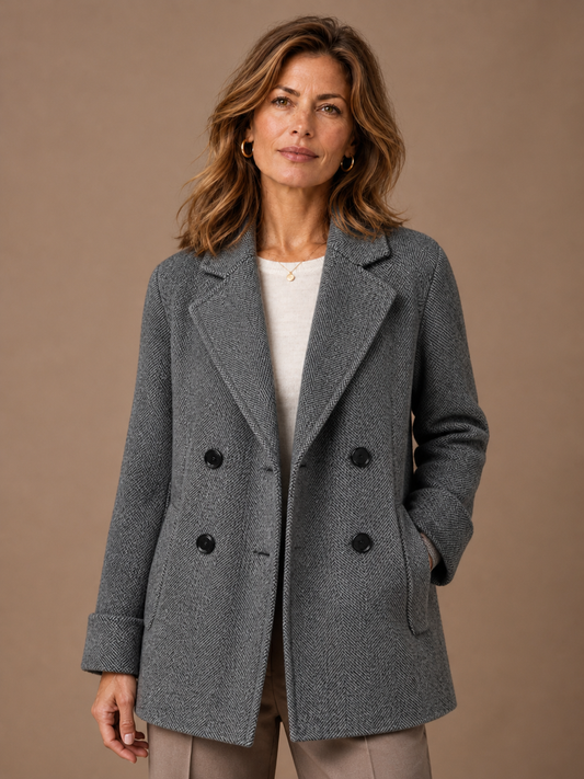 Women's Double-Breasted Midi Coat in Polyester – Tailored Structured Fit - Gray