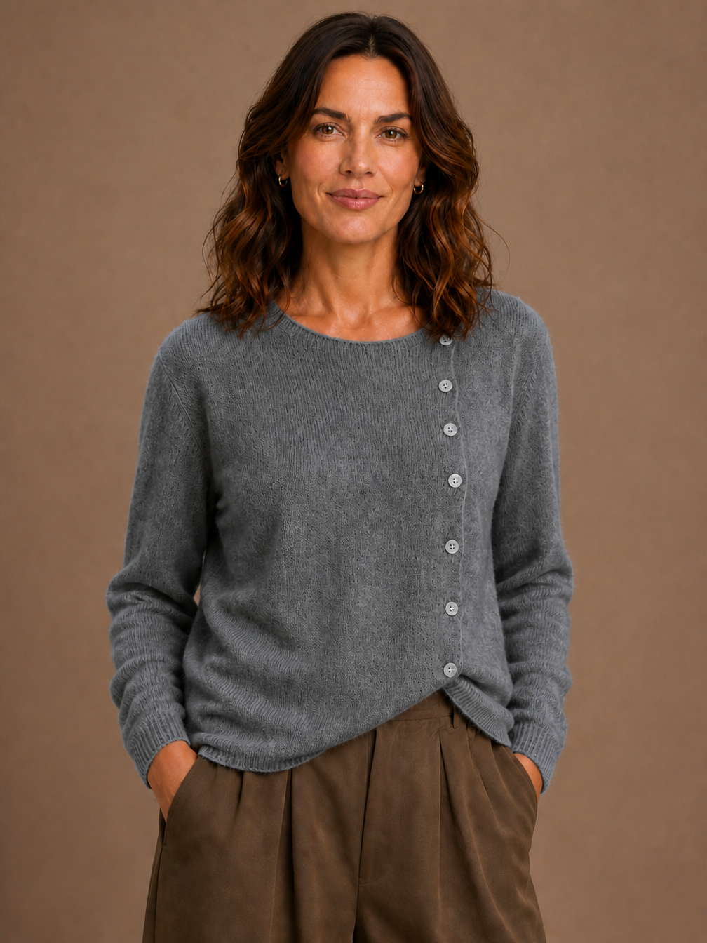 Women's Asymmetric Button Cashmere Sweater - Long Sleeve Lightweight Breathable Knit Cardigan - Gray