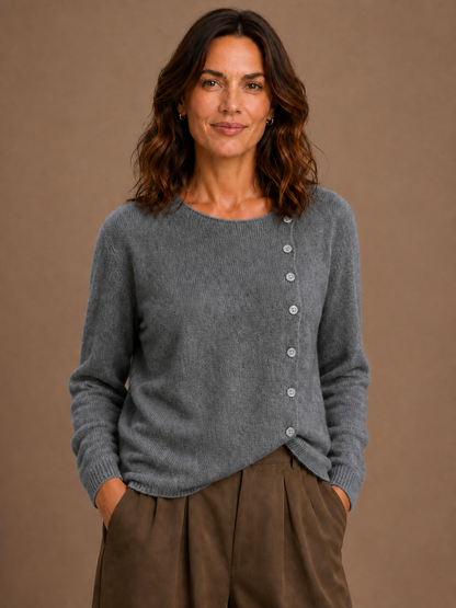 Women's Asymmetric Button Cashmere Sweater - Long Sleeve Lightweight Breathable Knit Cardigan - Gray
