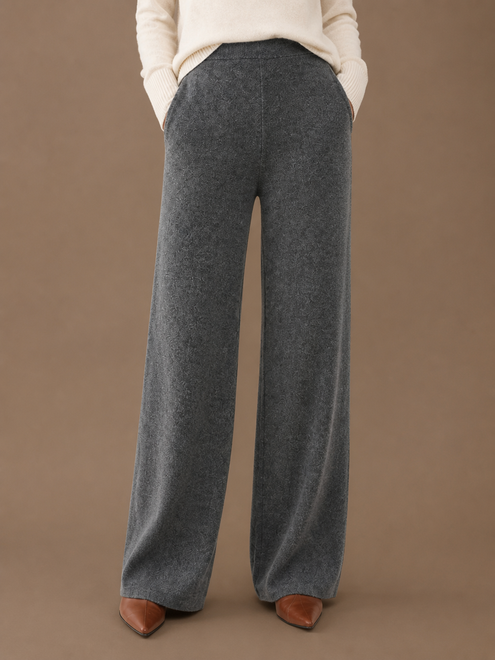 Women's 100% Merino Wool Wide-Leg Trousers with High Waist and Elasticated Waist - Gray
