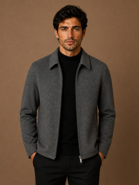 Men’s Wool Blend Jacket with Plaid Lining - Lightweight Warmth Overshirt - Gray