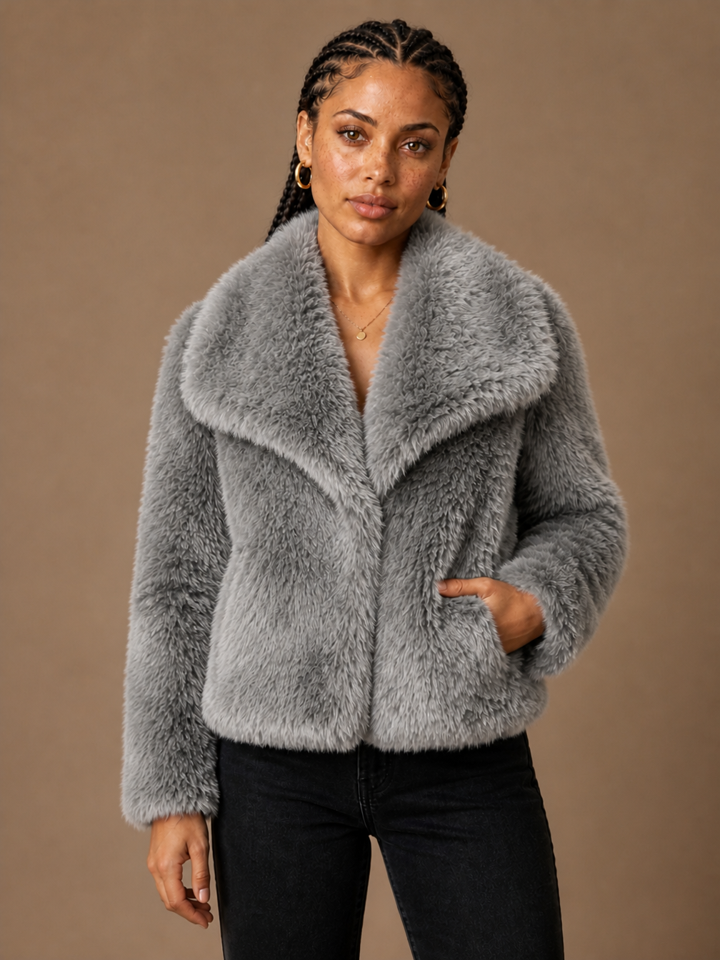 Women's Cropped Faux Fur Jacket with Shawl Collar for Autumn/Winter - Gray