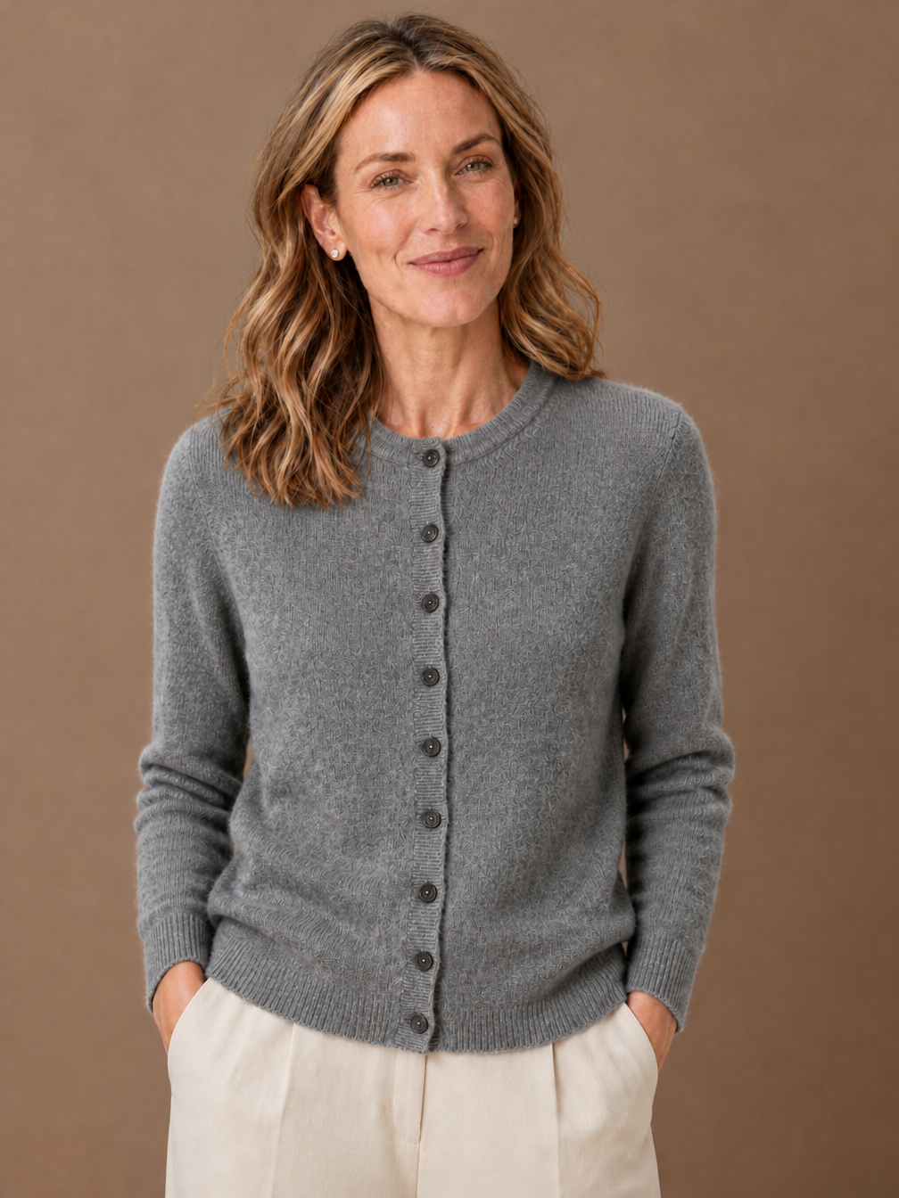 Women's Merino Wool Blend Cardigan - Button Front Knitted Sweater - Gray