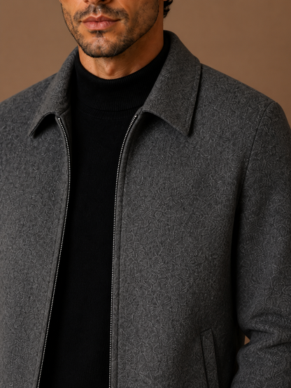 Men’s Wool Blend Jacket with Plaid Lining - Lightweight Warmth Overshirt - Gray - Detail Close-Up [AI-OPT:19895519-253f-4b14-a38d-bbcfa13e016b]