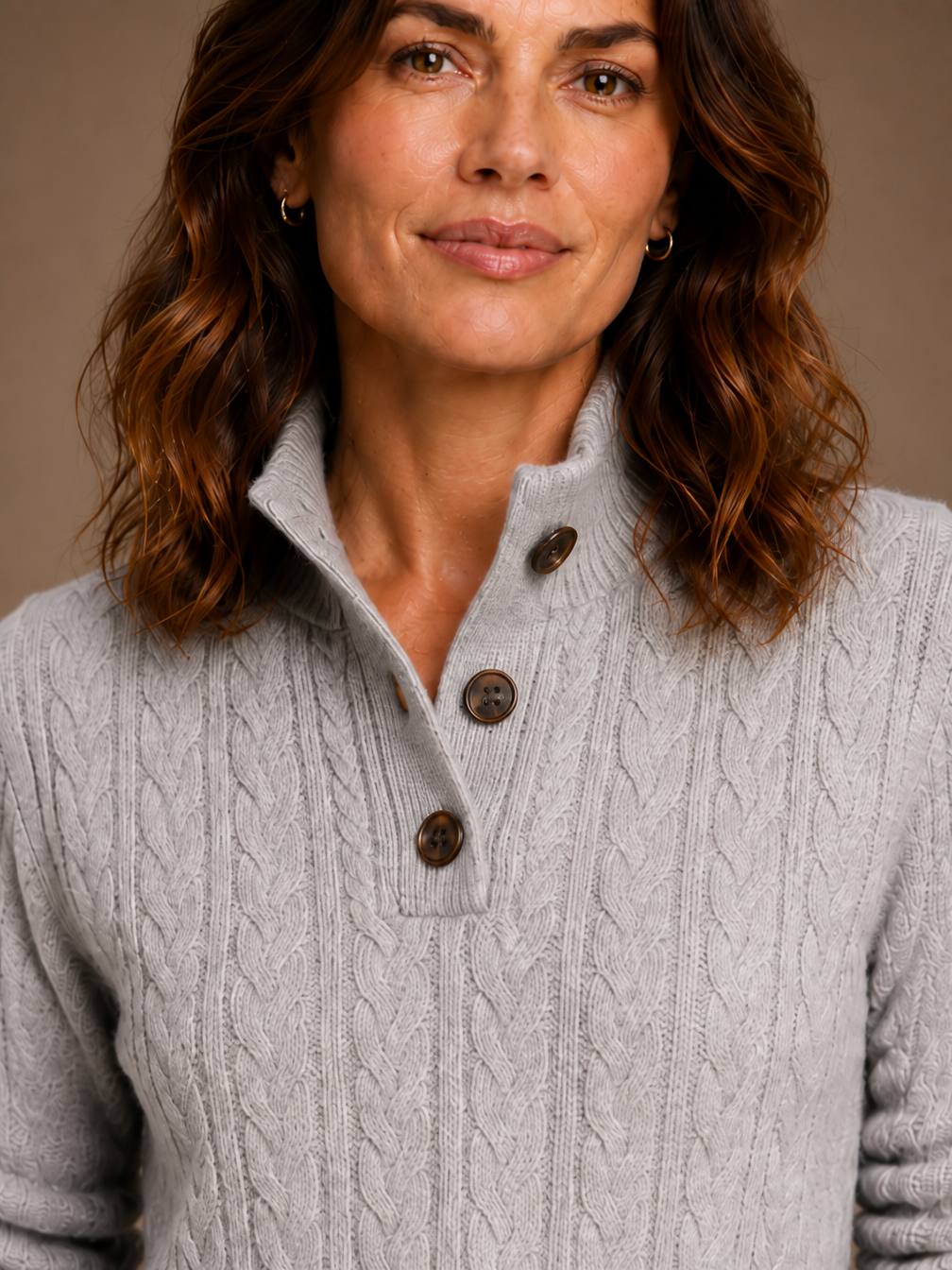 Women's Thick Cable-Knit Button-Up Sweater - Cashmere Blend Sweater with Stand Collar - Gray - Detail Close-Up [AI-OPT:f4b616ca-bc12-4478-b7d8-da1245599401]