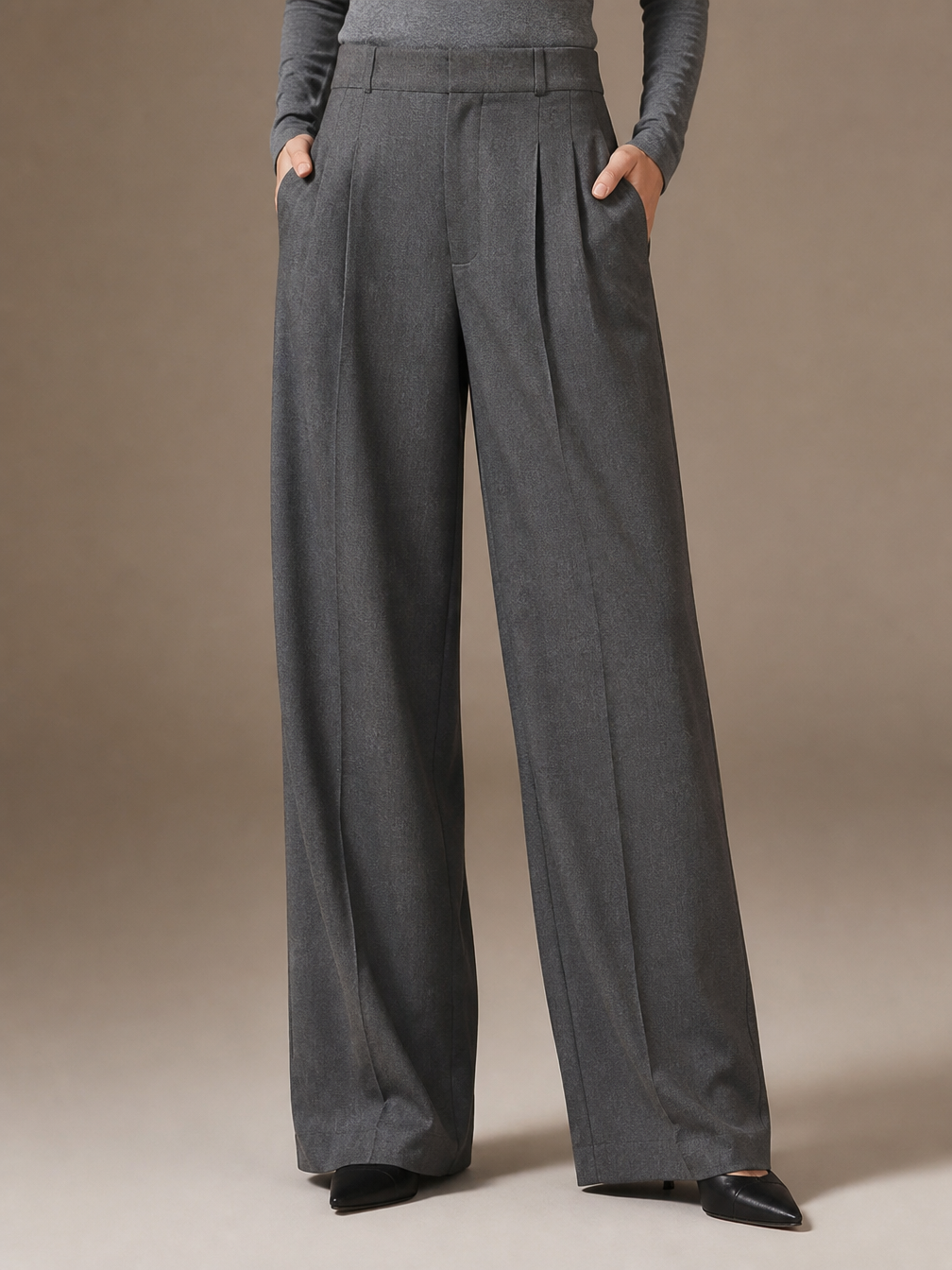 Women's High-Waisted Wide-Leg Draped Trousers with Elastic Waist - Gray