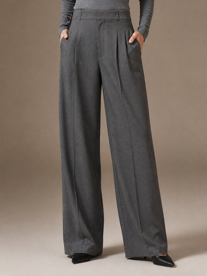 Women's High-Waisted Wide-Leg Draped Trousers with Elastic Waist - Gray