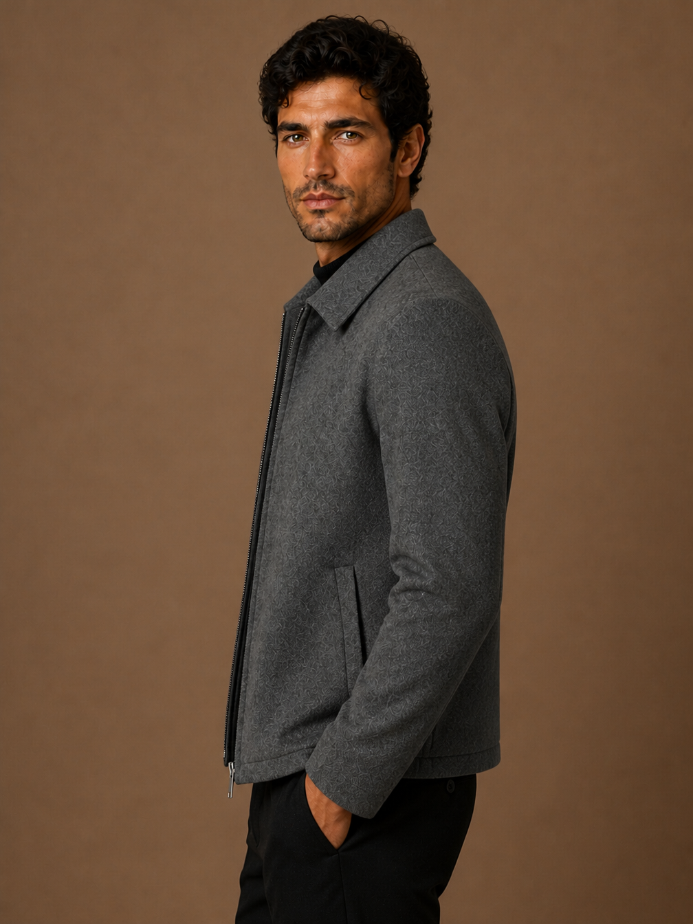 Men’s Wool Blend Jacket with Plaid Lining - Lightweight Warmth Overshirt - Gray - Side View [AI-OPT:1710dc30-7edb-4fae-99ee-6394908e32c0]