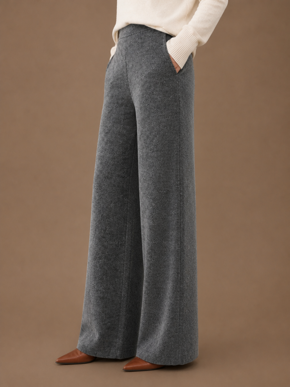 Women's Wool Wide-Leg Trousers - High Elasticated Waist Pants - Gray - Side View [AI-OPT:77766592-112a-4c80-9c4a-69a3e52f0263]