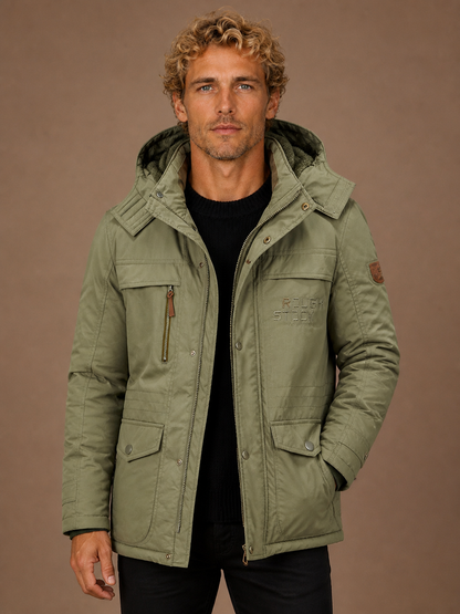 Men's Winter Parka with Hood, Padded Lining and Multiple Pockets - Green