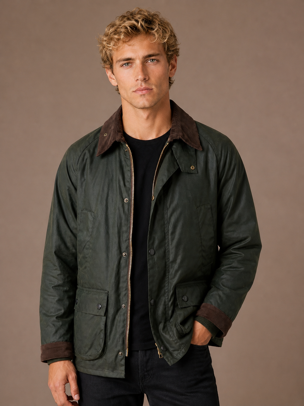 Men’s Oil-Waxed Style Jacket with Corduroy Collar, Loose Fit Zip-Front Workwear Jacket - Green