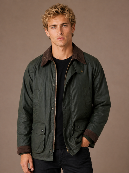 Men’s Oil-Waxed Style Jacket with Corduroy Collar, Loose Fit Zip-Front Workwear Jacket - Green