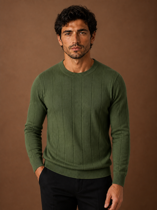 Men's Crew Neck Sweater Slim Fit Ribbed Pullover - Green