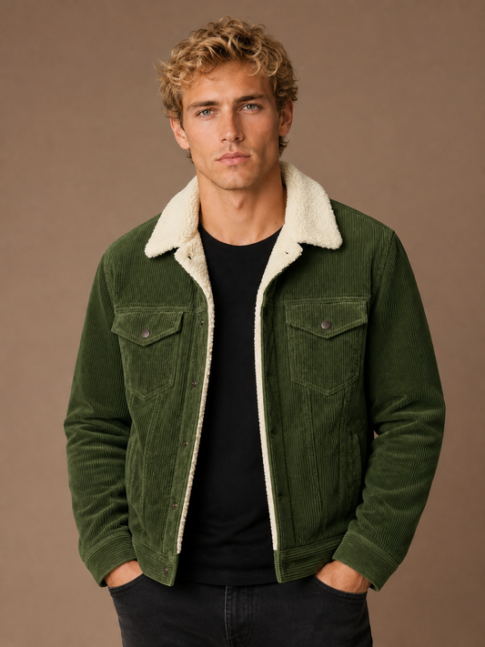 Men's Fleece Lined Corduroy Jacket - Sherpa Plush Winter Coat - Green
