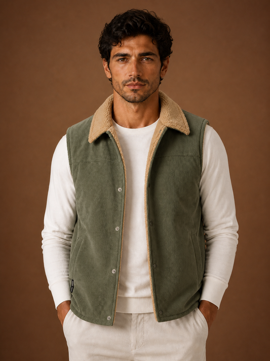Men's Sherpa-Lined Corduroy Gilet Winter Sleeveless Layering Vest - Green
