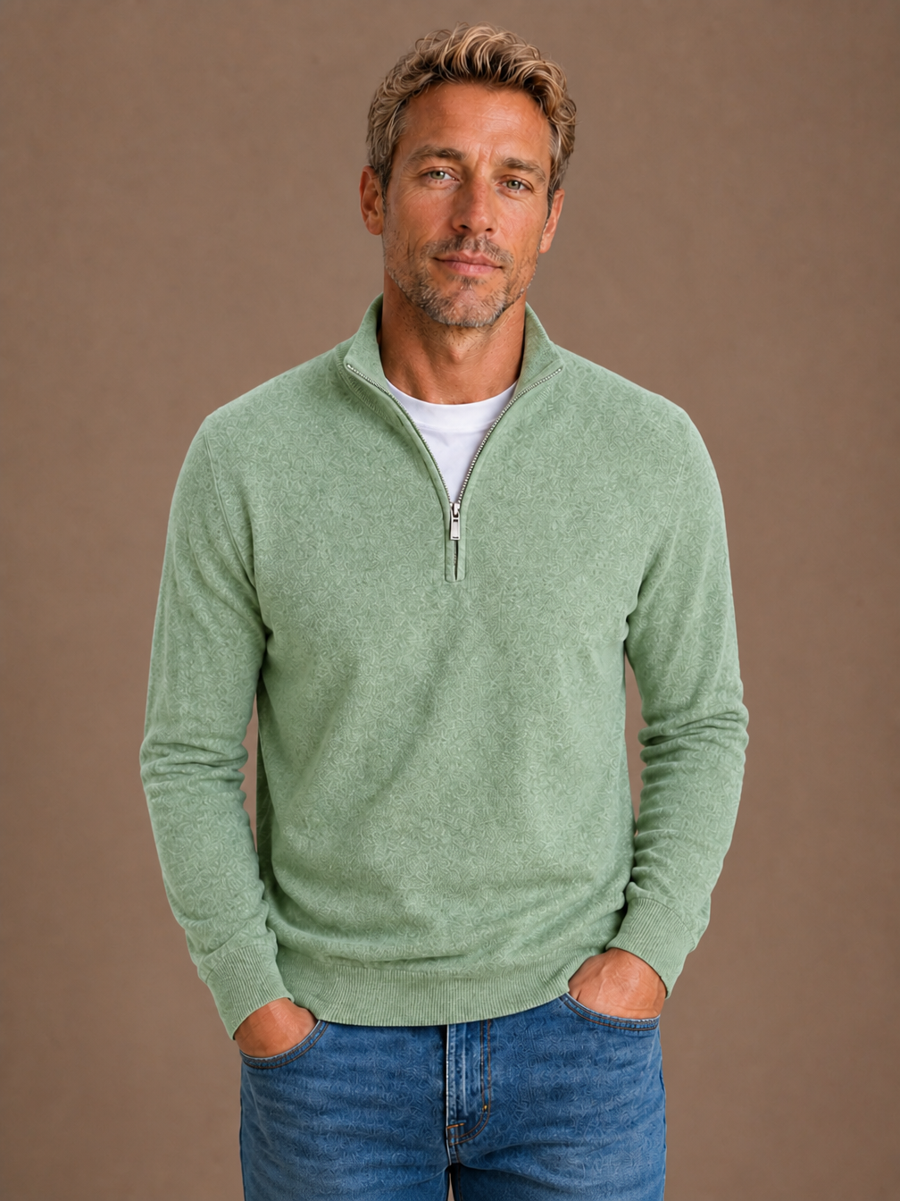 Men’s Wool-Blend Half-Zip Sweater with High Collar, Regular Fit - Green