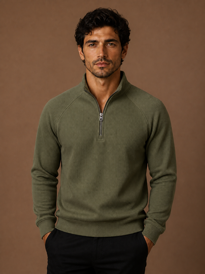 Men's Quarter-Zip Fleece Sweatshirt with Stand Collar- Ribbed Texture Zipper Jumper - Green