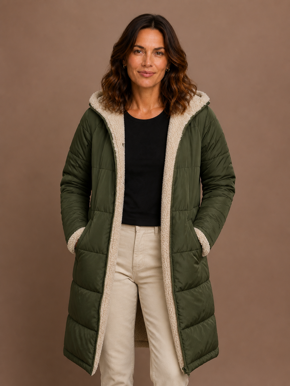 Women's Quilted Longline Coat with Hood and Sherpa Lining - Green
