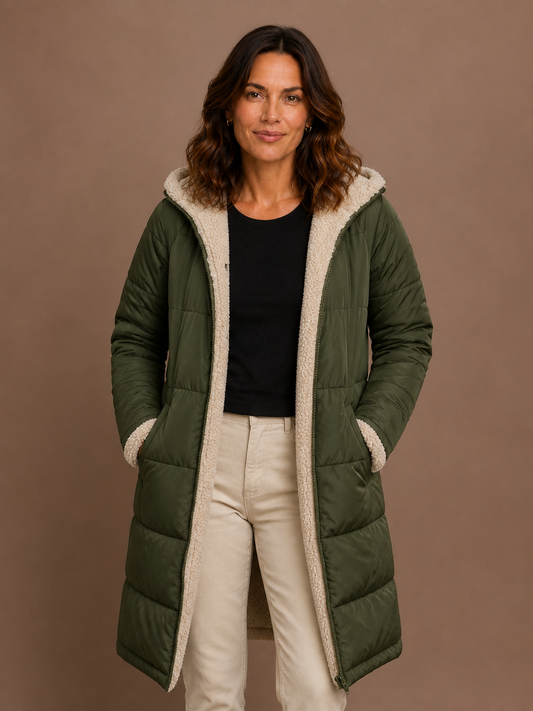 Women's Quilted Longline Coat with Hood and Sherpa Lining - Green