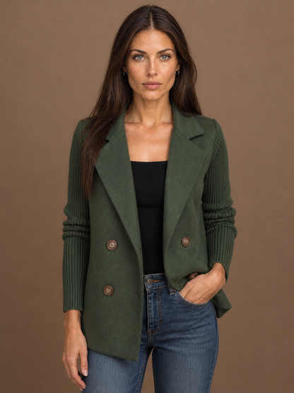 Women's Double-Breasted Blazer - Elegent Knitted Jacket - Green