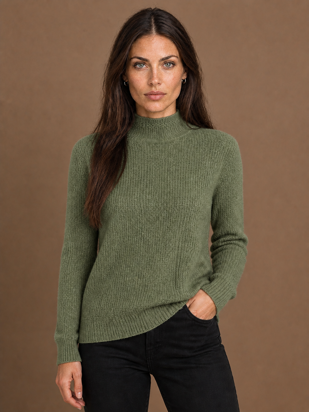 Women's Textured Mock Neck Wool Blend Jumper with Slim Fit and Ribbed Pattern - Green