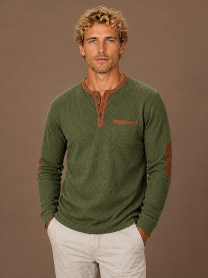 Men's Waffle Knit Henley Shirt Long Sleeve Textured Layering Top - Green