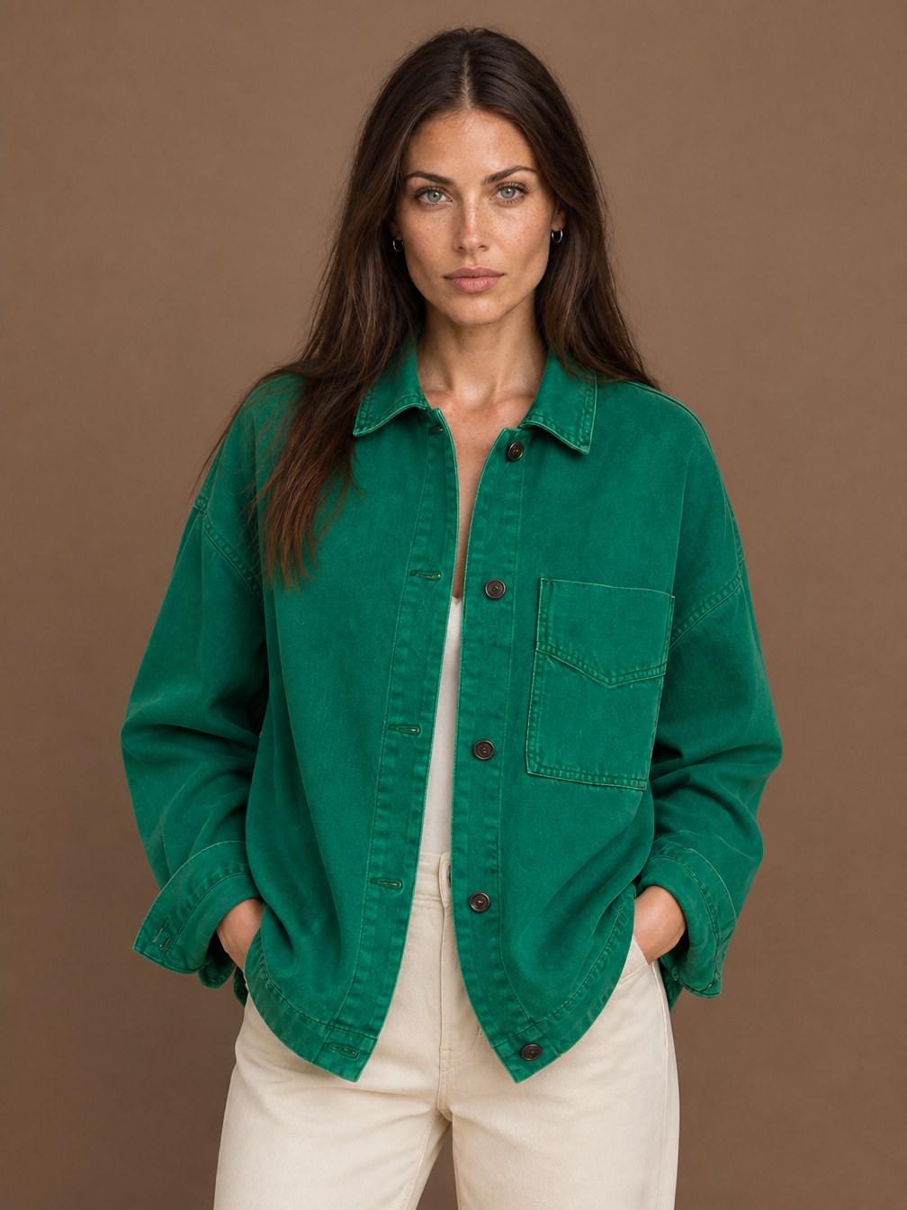 Women's Oversized Washed Denim Jacket with Button Front and Chest Pockets - Green