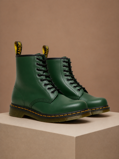 Women's Leather Combat Boots 8-Eye Lace-Up Chunky Sole Boots - Green
