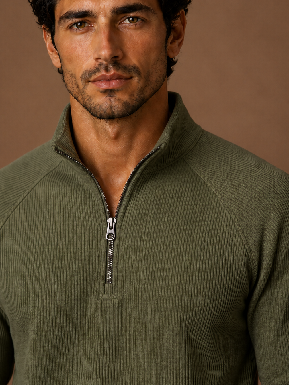 Men's Quarter-Zip Fleece Sweatshirt with Stand Collar- Ribbed Texture Zipper Jumper - Green - Detail Close-Up [AI-OPT:e77acb35-eeea-4ffc-93ba-7d29acb89164]
