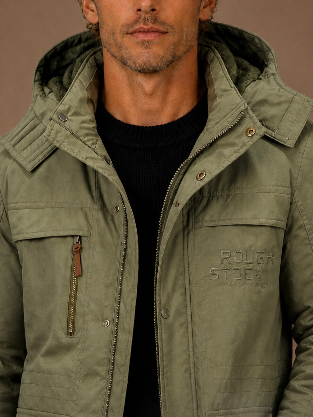 Men's Winter Parka with Hood, Padded Lining and Multiple Pockets - Green - Detail Close-Up [AI-OPT:1760472d-8a03-4c0e-9e41-a125f18bc809]