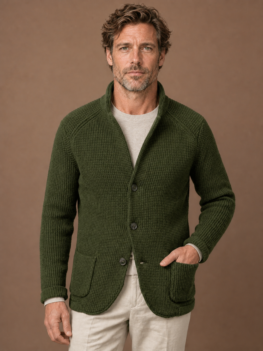 Men's Knitted Cardigan - Button up Knit Sweater with Stand Collar - Green