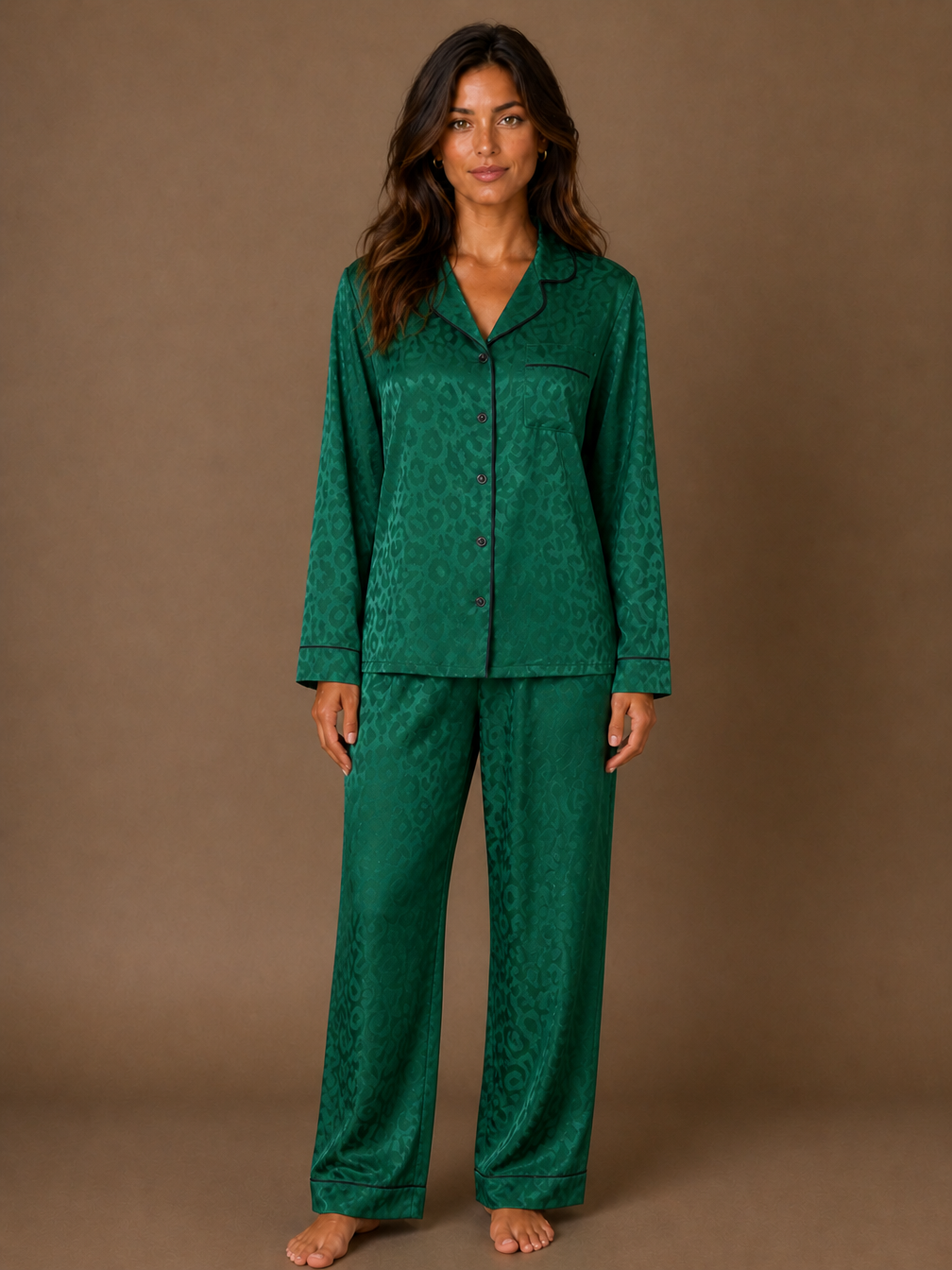 Women's Satin Pyjama Set, Leopard Jacquard Long Sleeve Button-Front Top and Relaxed Trousers - Green