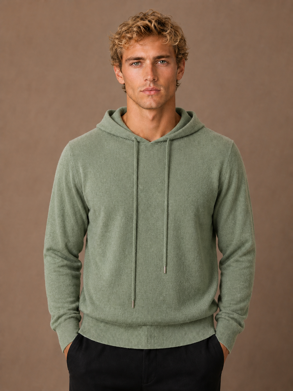Men’s Pullover Hoodie with Adjustable Hood and Ribbed Cuffs - Green