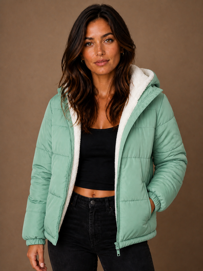 Women's Sherpa-Lined Hooded Puffer Jacket with Quilted Padding and Full-Length Zip - Green