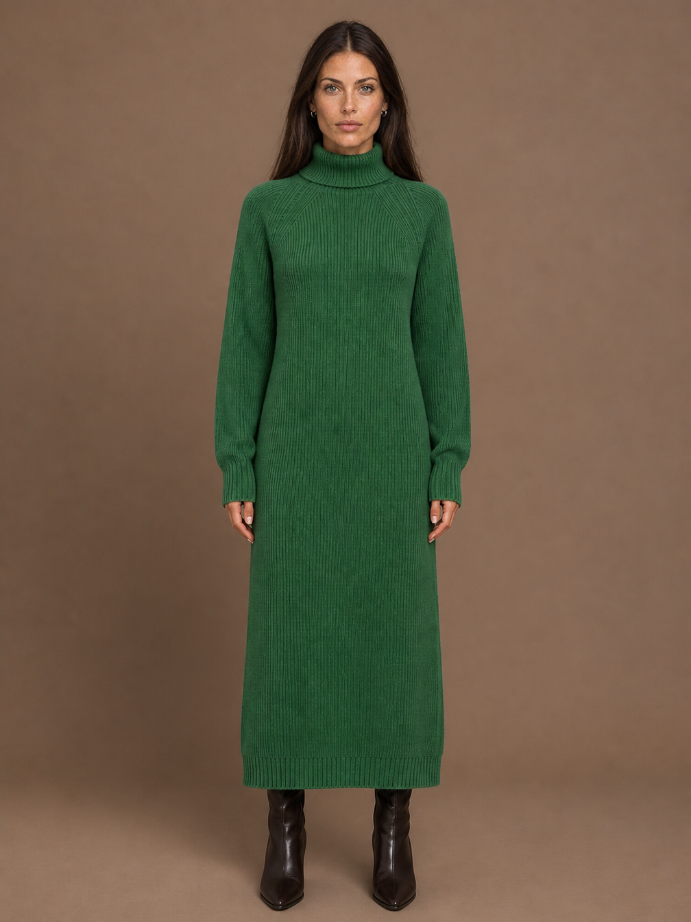Women's Turtleneck Sweater Dress - Ribbed Knitted Winter Maxi Dress - Green