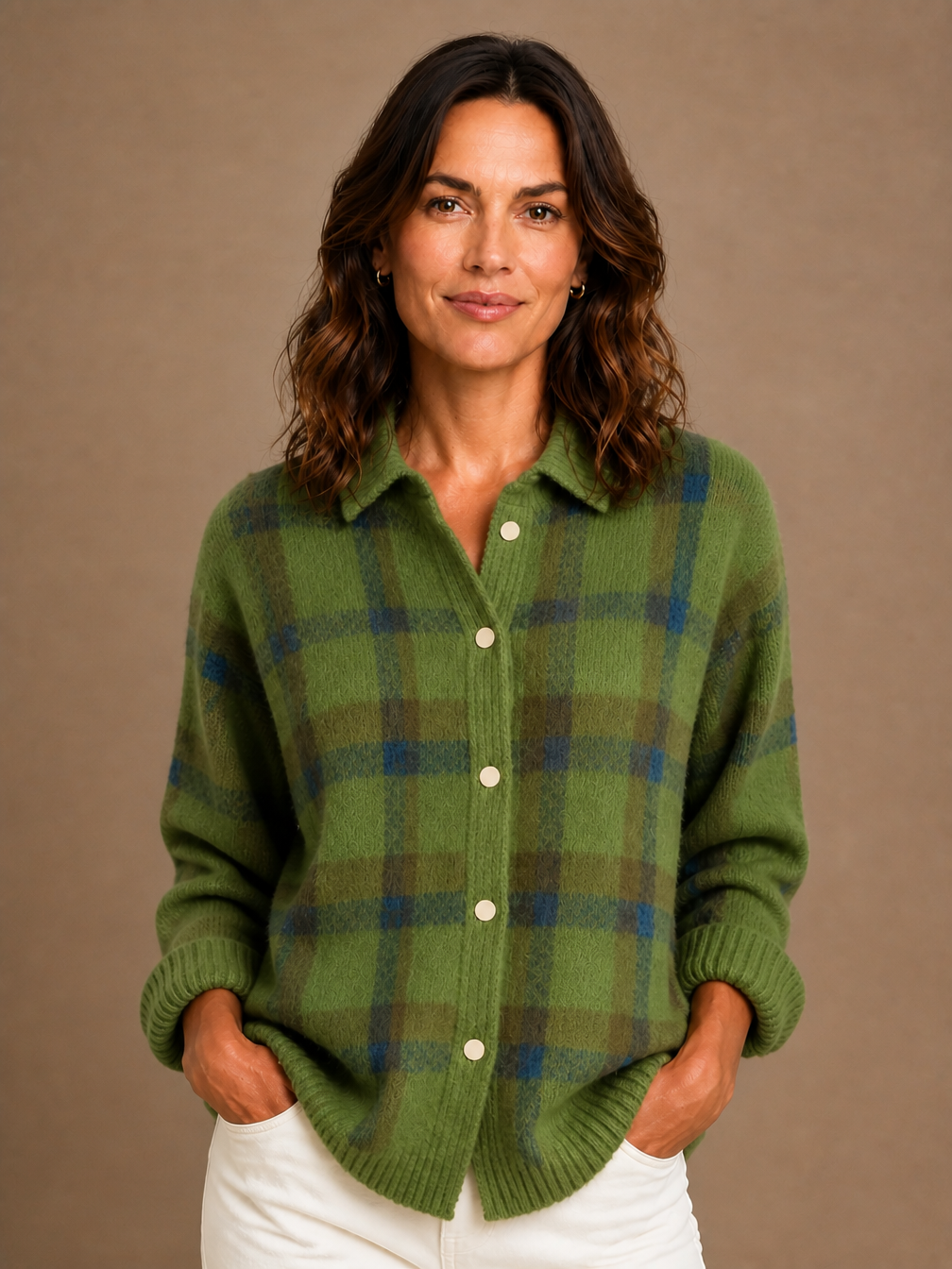 Women’s Classic Check Knit Cardigan - Cozy Retro Knitted Relaxed Fit Sweater - Green